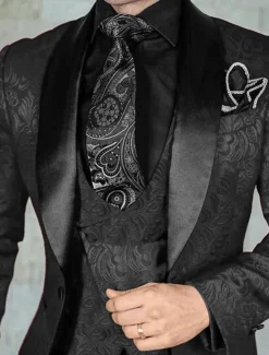 Men's Wedding Prom Suits Shawl Collar Black Burgundy Jacquard Floral Tailored Fit 3 Piece Single Breasted One-button