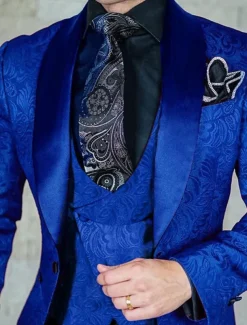 Men's Wedding Prom Suits Shawl Collar Black Burgundy Jacquard Floral Tailored Fit 3 Piece Single Breasted One-button