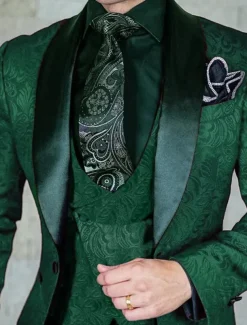 Men's Wedding Prom Suits Shawl Collar Black Burgundy Jacquard Floral Tailored Fit 3 Piece Single Breasted One-button