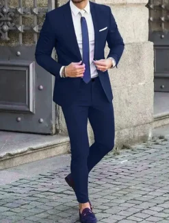 Men's Wedding Suits Notch Black Ivory Business Formal Solid Colored Tailored Fit 2 Piece Single Breasted Two-buttons