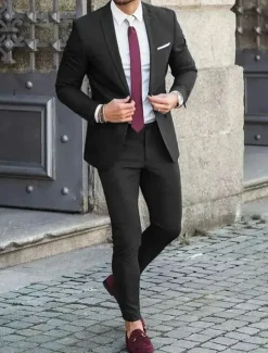 Men's Wedding Suits Notch Black Ivory Business Formal Solid Colored Tailored Fit 2 Piece Single Breasted Two-buttons