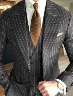 Men's Wedding Suits Peak Black Red Striped Tailored Fit 3 Piece Single Breasted Two-buttons