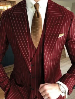 Men's Wedding Suits Peak Black Red Striped Tailored Fit 3 Piece Single Breasted Two-buttons