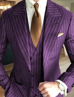 Men's Wedding Suits Peak Black Red Striped Tailored Fit 3 Piece Single Breasted Two-buttons