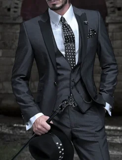 Men's Wedding Suits Peak Black Luxury Solid Colored Tailored Fit 3 Piece Single Breasted One-button