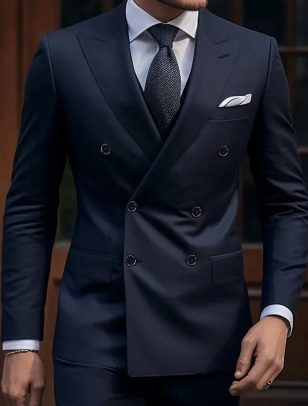 Men's Wedding Suits Peak Dark Blue Daily Business Solid Colored Tailored Fit 2 Piece Double Breasted Six-buttons