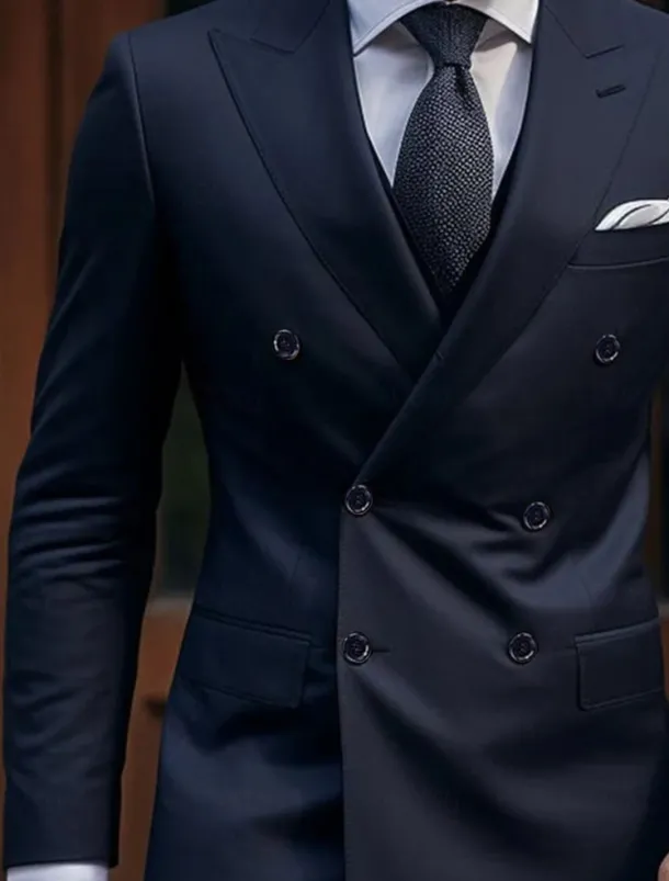 Men's Wedding Suits Peak Dark Blue Daily Business Solid Colored Tailored Fit 2 Piece Double Breasted Six-buttons