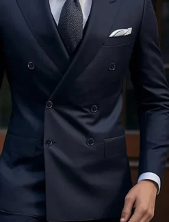 Men's Wedding Suits Peak Dark Blue Daily Business Solid Colored Tailored Fit 2 Piece Double Breasted Six-buttons