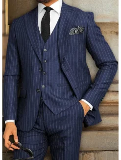 Men's Wedding Suits Peaked Lapel Black Dark Navy Party Dress Solid Colored Tailored Fit 3 Piece Single Breasted Two-buttons