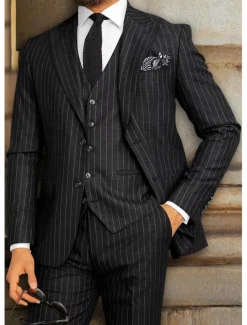 Men's Wedding Suits Peaked Lapel Black Dark Navy Party Dress Solid Colored Tailored Fit 3 Piece Single Breasted Two-buttons