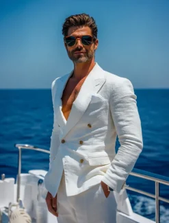 Men's Wedding Suits White Half Lined Lightweight Casual Solid Colored Standard Fit 2 Piece Double Breasted Six-buttons