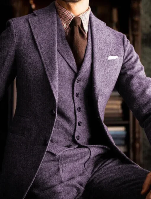 Men's Wedding Tweed Suits Notch Purple Khaki Daily Business Solid Colored Plus Size 3 Piece Single Breasted Two-buttons