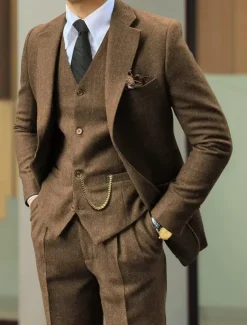 Men's Wedding Tweed Suits Brown Retro Vintage Herringbone Tailored Fit 3 Piece Single Breasted Two-buttons