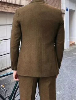 Men's Wedding Tweed Suits Brown Retro Vintage Herringbone Tailored Fit 3 Piece Single Breasted Two-buttons