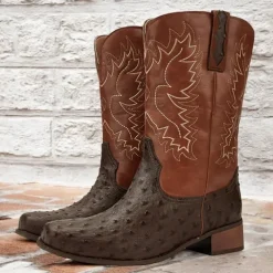 Men's Western Cowboy Boots with Orange Ostrich Leather and Dark Brown Embroidered Upper - Vintage Style for Rodeo and Casual Wear