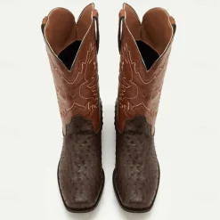 Men's Western Cowboy Boots with Orange Ostrich Leather and Dark Brown Embroidered Upper - Vintage Style for Rodeo and Casual Wear