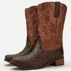 Men's Western Cowboy Boots with Orange Ostrich Leather and Dark Brown Embroidered Upper - Vintage Style for Rodeo and Casual Wear