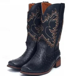 Men's Western Cowboy Boots with Orange Ostrich Leather and Dark Brown Embroidered Upper - Vintage Style for Rodeo and Casual Wear