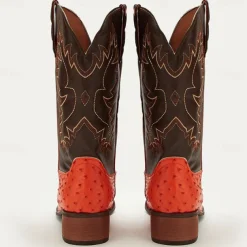 Men's Western Cowboy Boots with Orange Ostrich Leather and Dark Brown Embroidered Upper - Vintage Style for Rodeo and Casual Wear