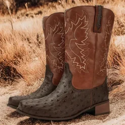 Men's Western Cowboy Boots with Orange Ostrich Leather and Dark Brown Embroidered Upper - Vintage Style for Rodeo and Casual Wear