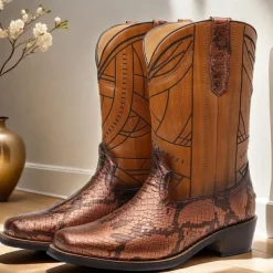 Men's Western Cowboy Boots with Snakeskin Print and Intricate Faux Leather Design – Stylish and Durable Footwear for Rodeo and Country Events