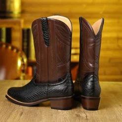Men's Western Cowboy Boots with Snakeskin Print and Intricate Faux Leather Design – Stylish and Durable Footwear for Rodeo and Country Events