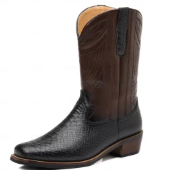 Men's Western Cowboy Boots with Snakeskin Print and Intricate Faux Leather Design – Stylish and Durable Footwear for Rodeo and Country Events