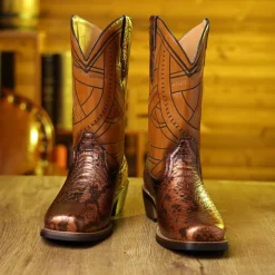 Men's Western Cowboy Boots with Snakeskin Print and Intricate Faux Leather Design – Stylish and Durable Footwear for Rodeo and Country Events
