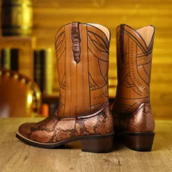 Men's Western Cowboy Boots with Snakeskin Print and Intricate Faux Leather Design – Stylish and Durable Footwear for Rodeo and Country Events
