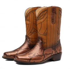 Men's Western Cowboy Boots with Snakeskin Print and Intricate Faux Leather Design – Stylish and Durable Footwear for Rodeo and Country Events