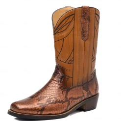 Men's Western Cowboy Boots with Snakeskin Print and Intricate Faux Leather Design – Stylish and Durable Footwear for Rodeo and Country Events