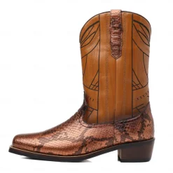 Men's Western Cowboy Boots with Snakeskin Print and Intricate Faux Leather Design – Stylish and Durable Footwear for Rodeo and Country Events