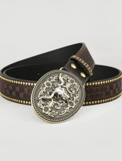 Men's Western Faux Leather Belt with Engraved Floral Design and Bull Skull Buckle – Vintage-Style Cowboy Belt for Rodeo and Casual Wear
