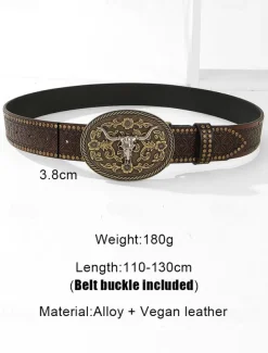 Men's Western Faux Leather Belt with Engraved Floral Design and Bull Skull Buckle – Vintage-Style Cowboy Belt for Rodeo and Casual Wear