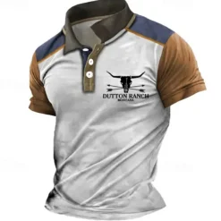 Men's Western Wear Polo Shirts Golf Shirt Short Sleeve Polo Shirts Collared Shirts Vintage Casual Vacation Wear Party Outfits Buttons 3D Print White Blue Khaki