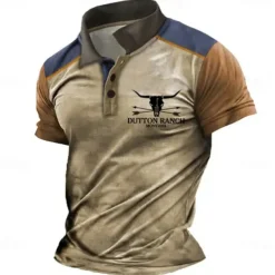 Men's Western Wear Polo Shirts Golf Shirt Short Sleeve Polo Shirts Collared Shirts Vintage Casual Vacation Wear Party Outfits Buttons 3D Print White Blue Khaki