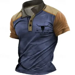 Men's Western Wear Polo Shirts Golf Shirt Short Sleeve Polo Shirts Collared Shirts Vintage Casual Vacation Wear Party Outfits Buttons 3D Print White Blue Khaki