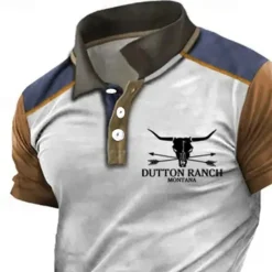 Men's Western Wear Polo Shirts Golf Shirt Short Sleeve Polo Shirts Collared Shirts Vintage Casual Vacation Wear Party Outfits Buttons 3D Print White Blue Khaki