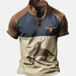 Men's Western Wear Polo Shirts Golf Shirt Short Sleeve Polo Shirts Collared Shirts Vintage Casual Vacation Wear Party Outfits Buttons 3D Print Blue Brown Green