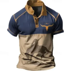 Men's Western Wear Polo Shirts Golf Shirt Short Sleeve Polo Shirts Collared Shirts Vintage Casual Vacation Wear Party Outfits Buttons 3D Print Blue Brown Green