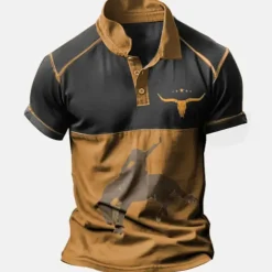 Men's Western Wear Polo Shirts Golf Shirt Short Sleeve Polo Shirts Collared Shirts Vintage Casual Vacation Wear Party Outfits Buttons 3D Print Blue Brown Green