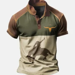 Men's Western Wear Polo Shirts Golf Shirt Short Sleeve Polo Shirts Collared Shirts Vintage Casual Vacation Wear Party Outfits Buttons 3D Print Blue Brown Green