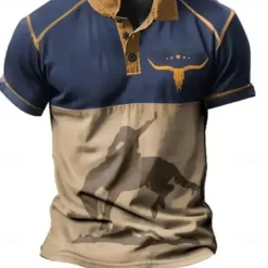 Men's Western Wear Polo Shirts Golf Shirt Short Sleeve Polo Shirts Collared Shirts Vintage Casual Vacation Wear Party Outfits Buttons 3D Print Blue Brown Green