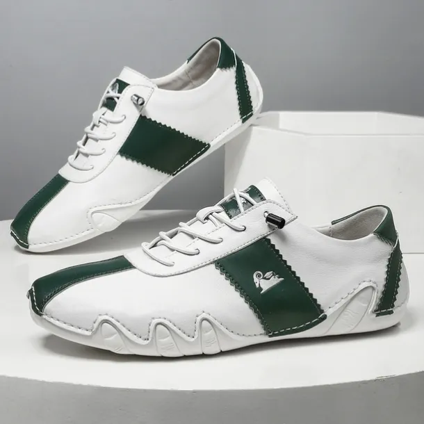 Men's White and Green Casual Sneakers with Unique Wavy Sole and Lace-Up Design – Comfortable Everyday Sport Shoes