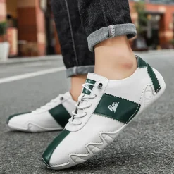 Men's White and Green Casual Sneakers with Unique Wavy Sole and Lace-Up Design – Comfortable Everyday Sport Shoes