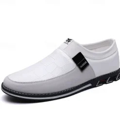 Men's White Crocodile Embossed Faux LeatherSlip-On Loafers with Decorative Buckle - Stylish Casual Shoes for Business and Formal Occasions