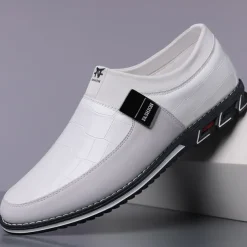 Men's White Crocodile Embossed Faux LeatherSlip-On Loafers with Decorative Buckle - Stylish Casual Shoes for Business and Formal Occasions