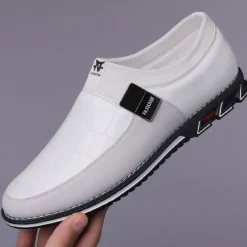 Men's White Crocodile Embossed Faux LeatherSlip-On Loafers with Decorative Buckle - Stylish Casual Shoes for Business and Formal Occasions