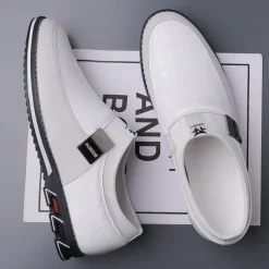 Men's White Crocodile Embossed Faux LeatherSlip-On Loafers with Decorative Buckle - Stylish Casual Shoes for Business and Formal Occasions