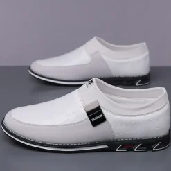 Men's White Crocodile Embossed Faux LeatherSlip-On Loafers with Decorative Buckle - Stylish Casual Shoes for Business and Formal Occasions